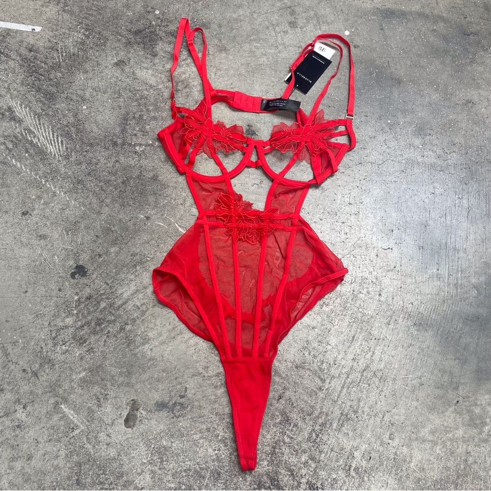 NWT BLUEBELLA Red Sheer Floral Lace Bodysuit